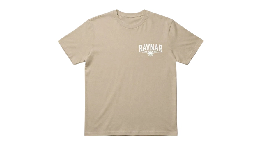 Ravnar Signature heavyweight beige cotton t-shirt with white chest logo print and structured fit