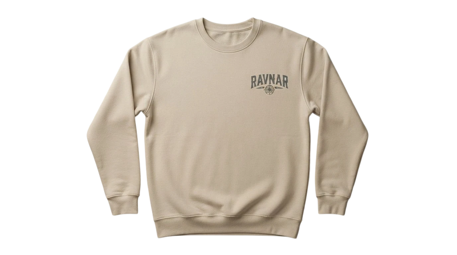 Ravnar Signature sweatshirt in beige heavyweight cotton with a small chest logo, featuring a structured fit.