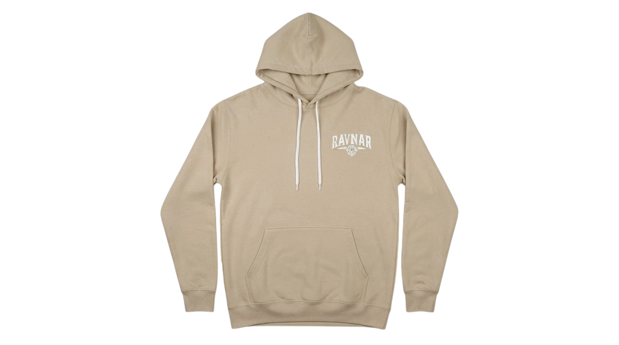 Ravnar Signature hoodie in beige heavyweight cotton with white logo embroidery and drawstring hood