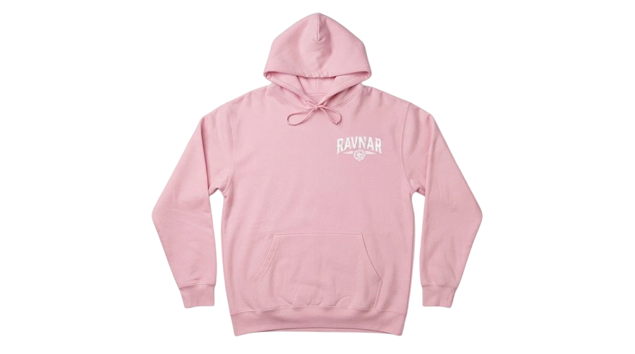 Ravnar Signature hoodie in soft pink heavyweight cotton with a white chest logo and drawstring hood