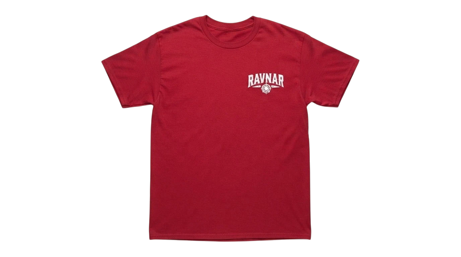 Ravnar signature heavyweight red cotton t-shirt with white chest logo on a neutral background