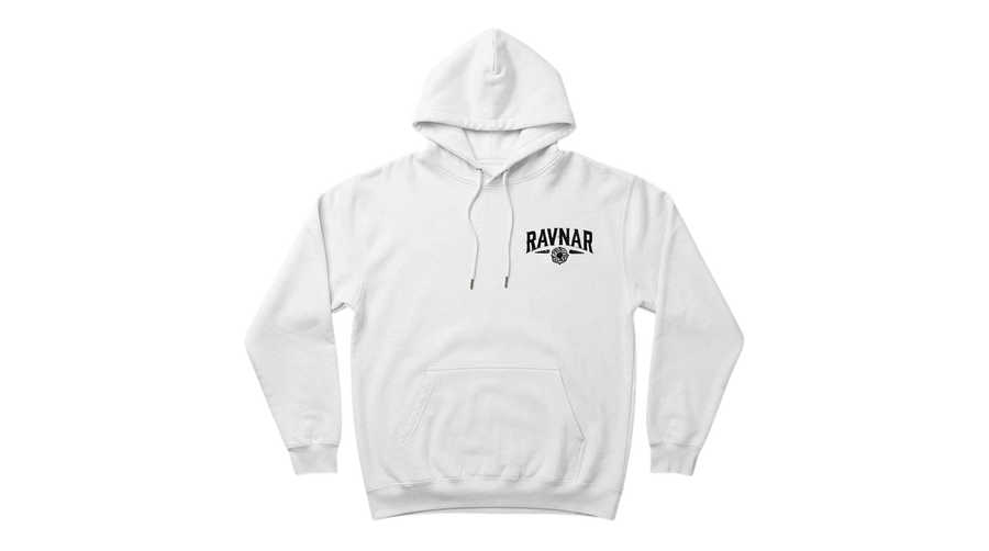 Ravnar Signature hoodie in white heavyweight cotton with a black chest logo and drawstring hood