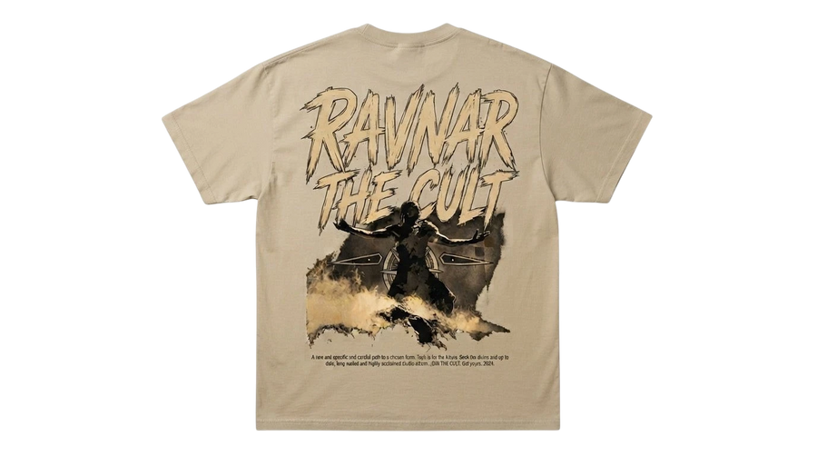 Ravnar The Cult heavyweight beige cotton t-shirt featuring a graphic print on the back with distressed typography.