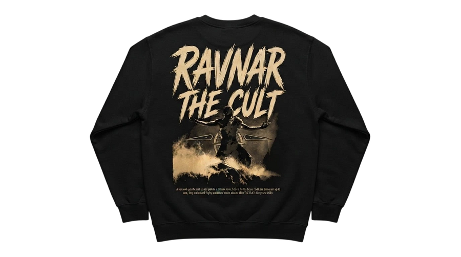 Ravnar The Cult black heavyweight cotton sweatshirt with a large beige graphic print on the back.