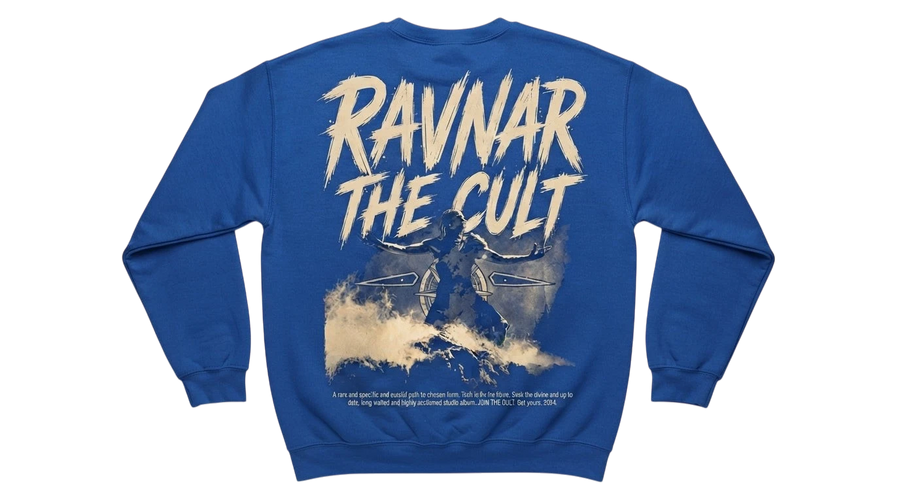 Ravnar The Cult blue heavyweight cotton sweatshirt featuring a large graphic print on the back
