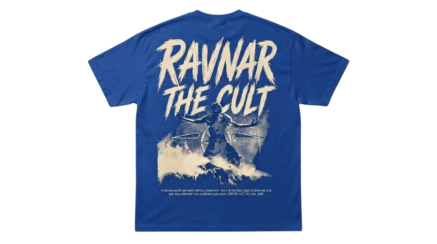Ravnar The Cult blue heavyweight cotton t-shirt featuring a graphic print on the back