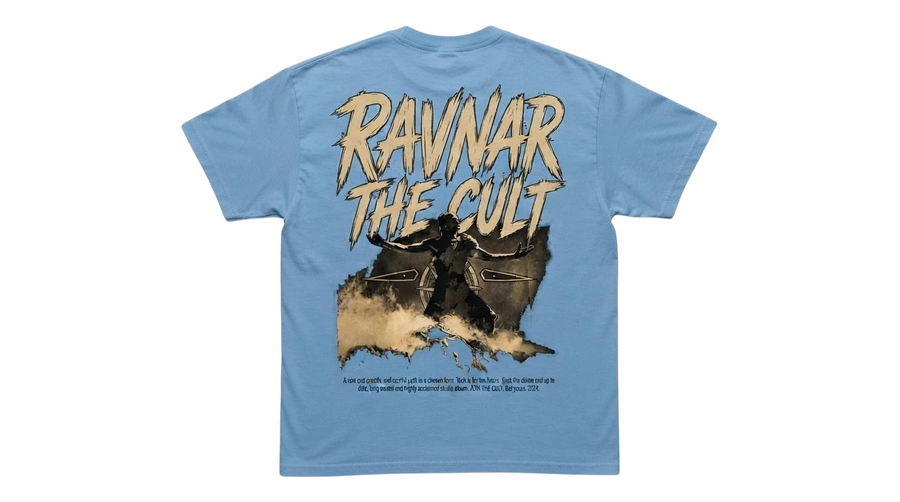 Ravnar The Cult light blue heavyweight cotton t-shirt with a graphic print on the back
