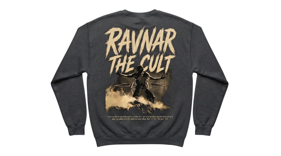 Ravnar The Cult charcoal grey heavyweight cotton sweatshirt with graphic print on the back
