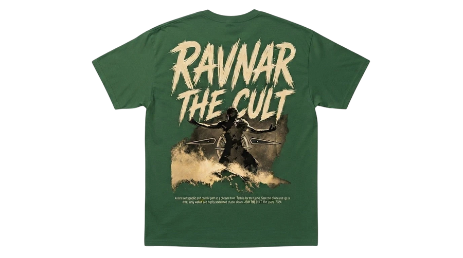 Ravnar The Cult green heavyweight cotton t-shirt featuring a graphic print on the back