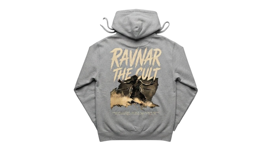 Ravnar The Cult grey heavyweight cotton hoodie featuring a graphic print on the back