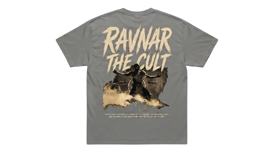 Ravnar The Cult heavyweight cotton t-shirt in grey with a graphic print on the back