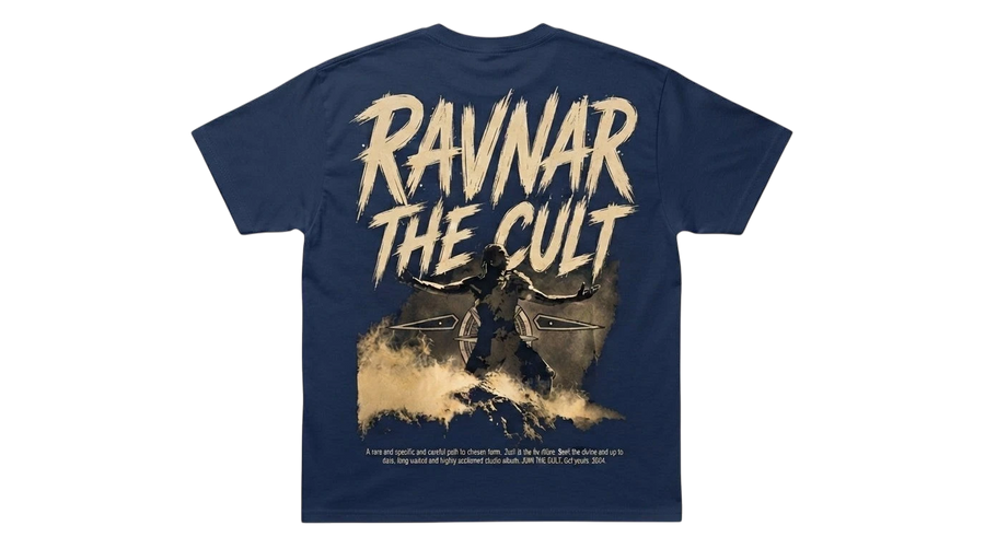 Ravnar The Cult navy heavyweight cotton t-shirt with back graphic print featuring a silhouette and distressed text