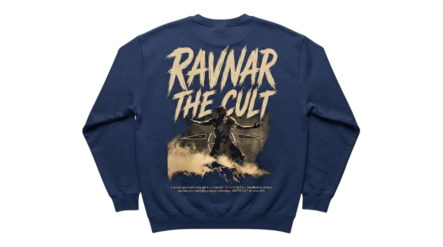 Ravnar The Cult navy blue heavyweight cotton sweatshirt with graphic print on the back