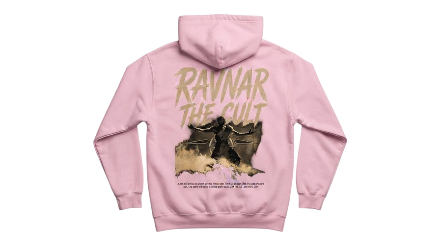 Back view of Ravnar The Cult hoodie in light pink heavyweight cotton with a graphic print and text design.