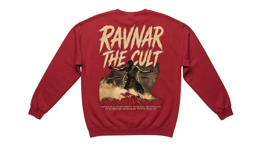 Ravnar The Cult heavyweight red cotton sweatshirt with graphic back print featuring a silhouette and bold lettering.