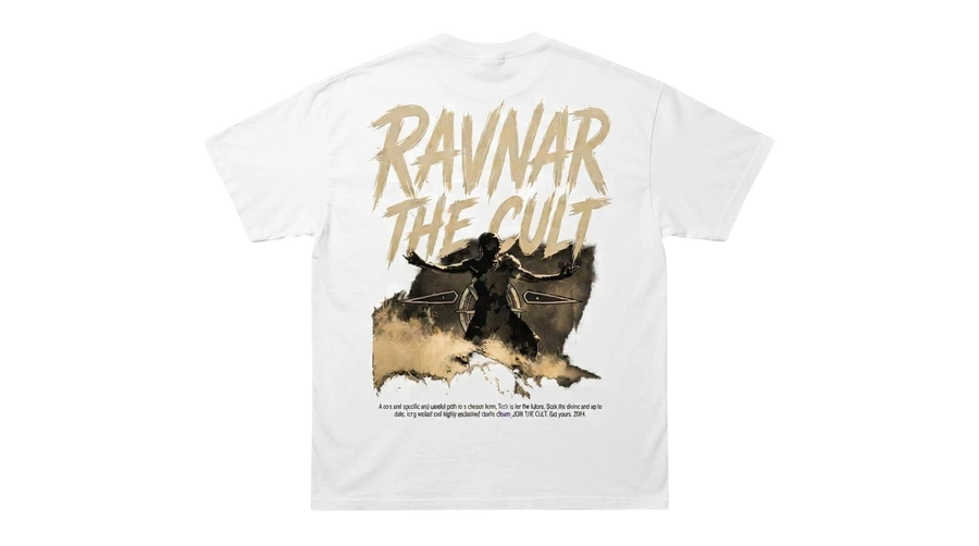 Ravnar The Cult white heavyweight cotton t-shirt featuring a graphic print on the back