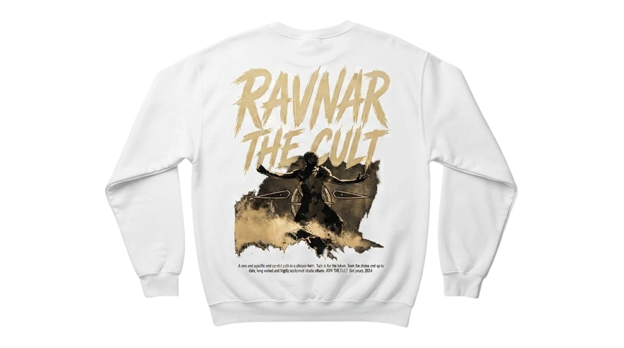 Ravnar The Cult heavyweight white cotton sweatshirt featuring a large graphic print on the back
