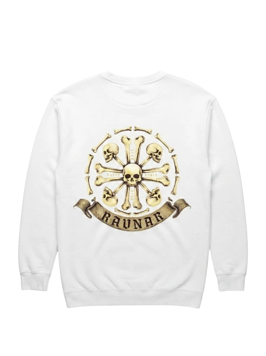 Ravnar white heavyweight sweatshirt featuring a detailed Crown of Bones graphic print on the back