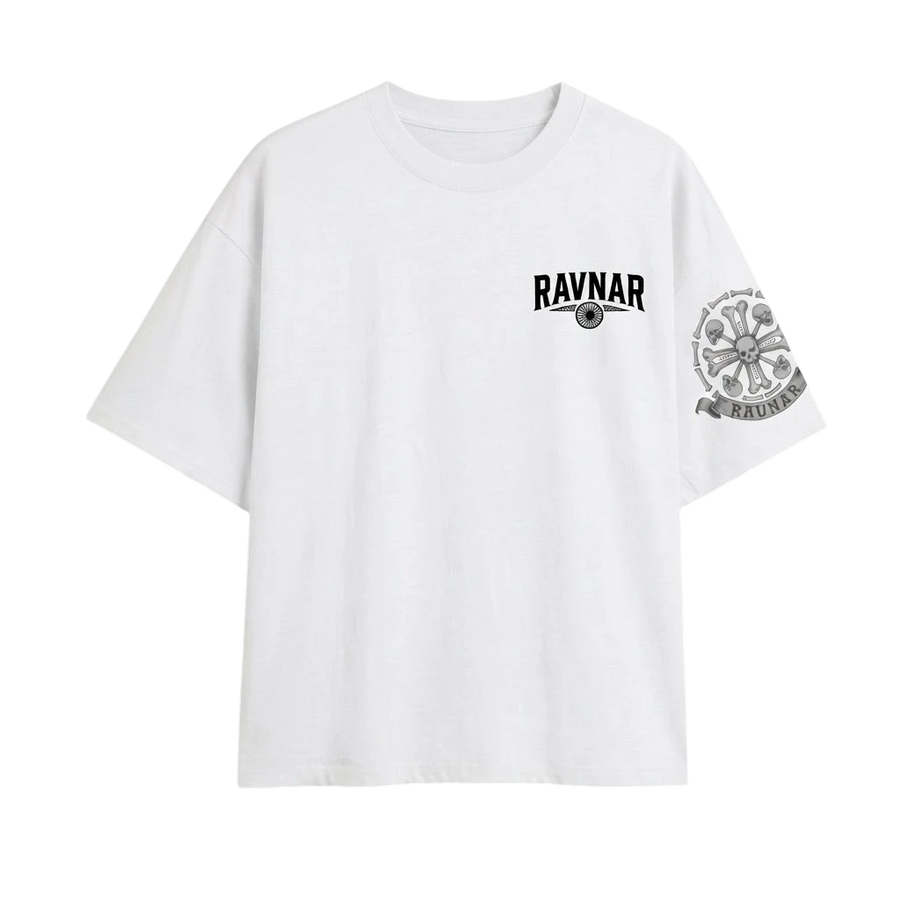 Ravnar white heavyweight cotton t-shirt featuring a black chest logo and a detailed skull and bone sleeve graphic.
