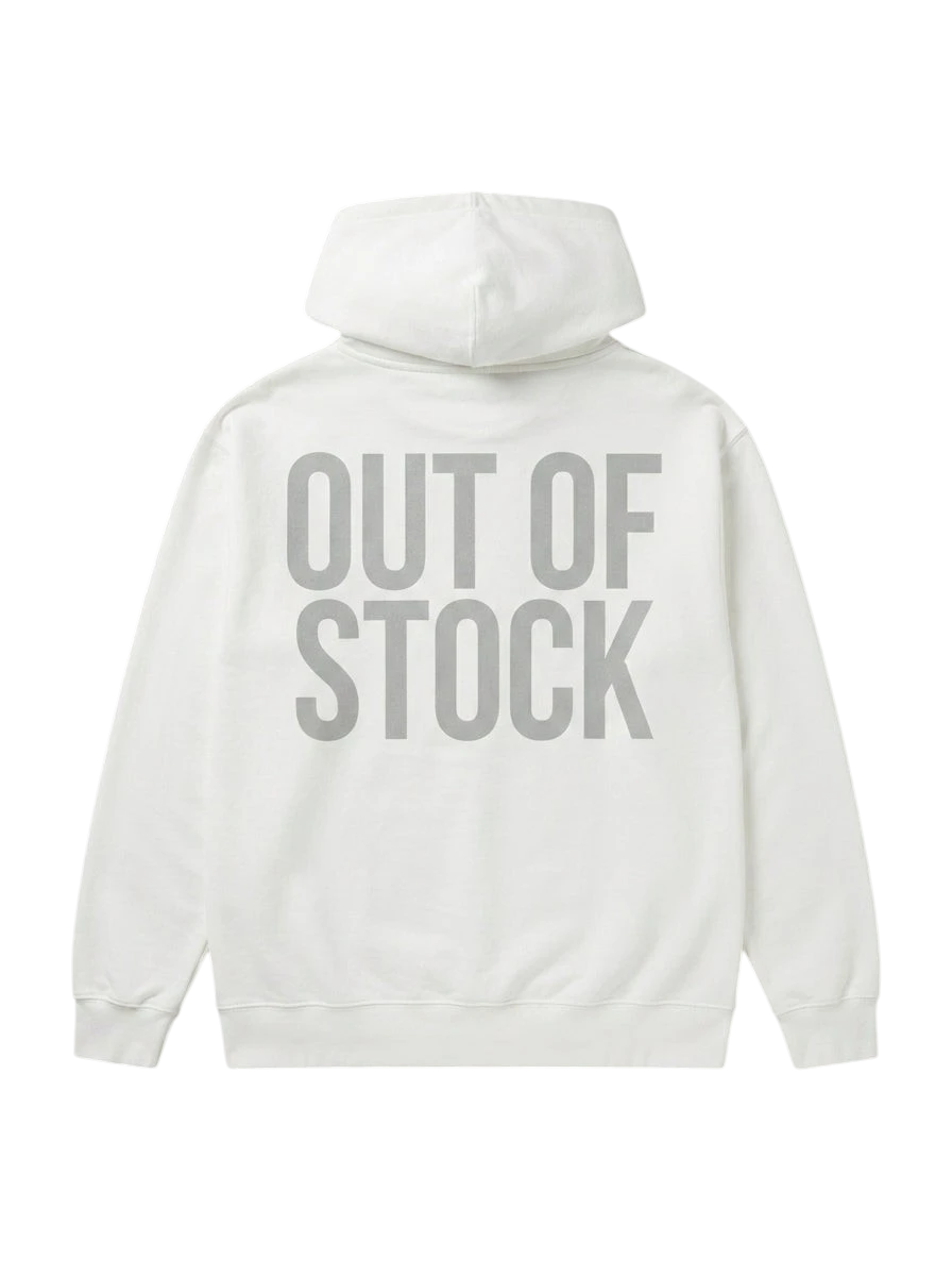 Ravnar heavyweight white hoodie with Out of Stock text printed on the back, featuring a structured fit.