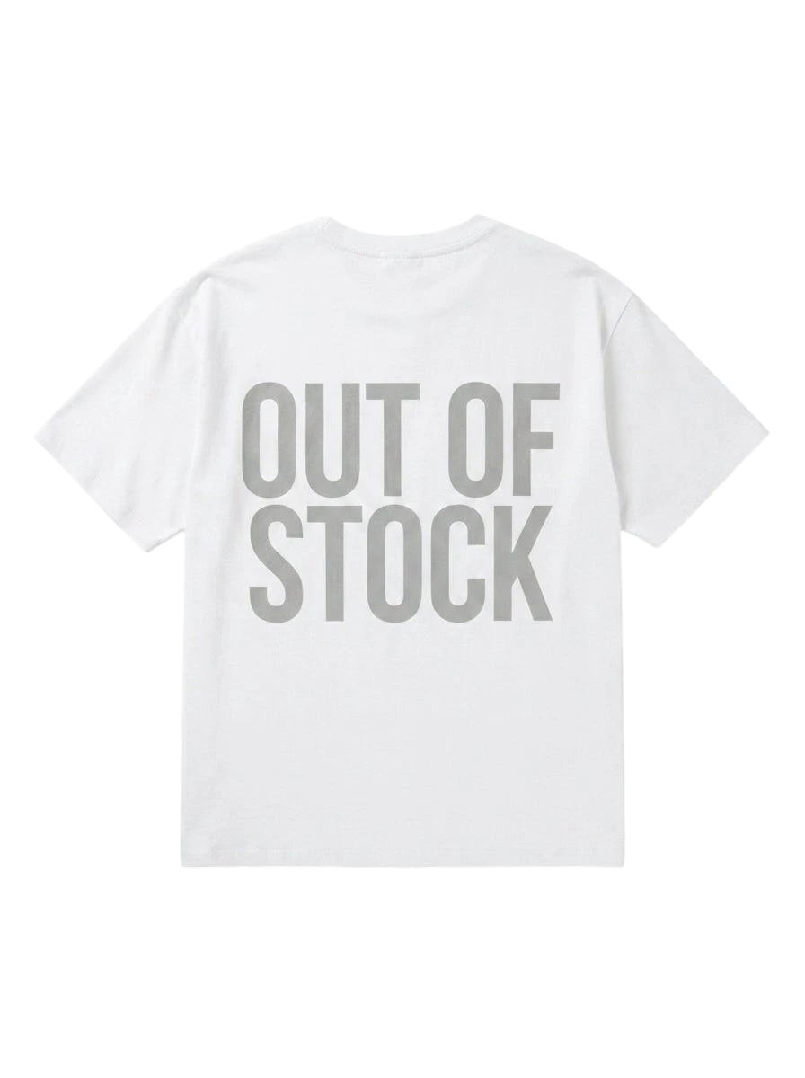 Ravnar white heavyweight cotton t-shirt with Out Of Stock text printed on the back