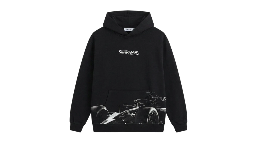 Ravnar Apex black heavyweight hoodie featuring a white racing car graphic and logo on the chest.