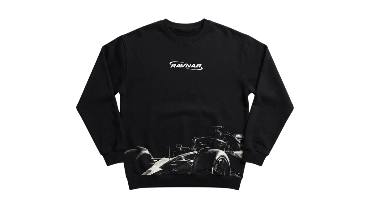 Ravnar Apex black heavyweight sweatshirt featuring a white racing car graphic and logo on a grey background.