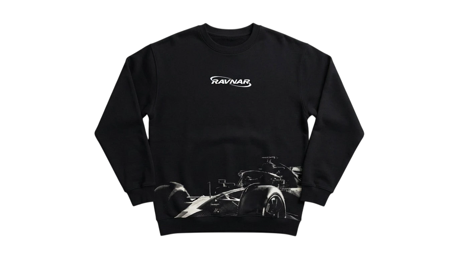 Ravnar Apex black heavyweight sweatshirt featuring a white racing car graphic and logo on a grey background.