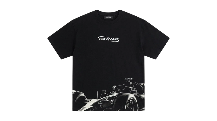 Ravnar Apex black heavyweight cotton t-shirt featuring a white racing car graphic and logo on the chest.