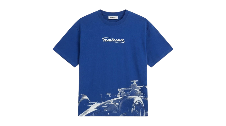 Ravnar Apex heavyweight blue cotton t-shirt with white racing car graphic and chest logo