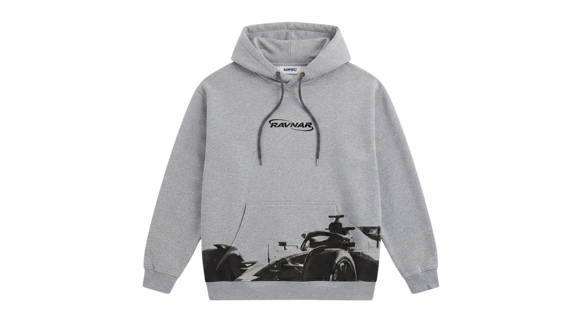 Ravnar Apex grey heavyweight hoodie with black F1 race car graphic and drawstring hood