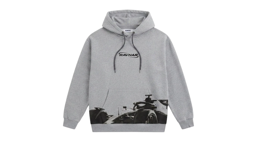 Ravnar Apex grey heavyweight hoodie with black F1 race car graphic and drawstring hood