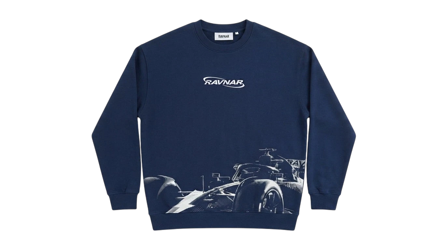 Ravnar Apex navy blue heavyweight sweatshirt featuring a white racing car graphic and logo on the chest.