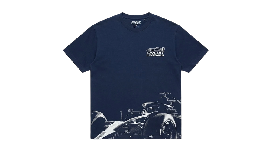 Ravnar Apex heavyweight navy blue t-shirt with white Circuit Legends racing car graphic print