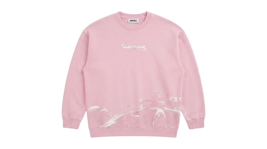 Ravnar Apex sweatshirt in pastel pink featuring a white racing car graphic and branded chest logo