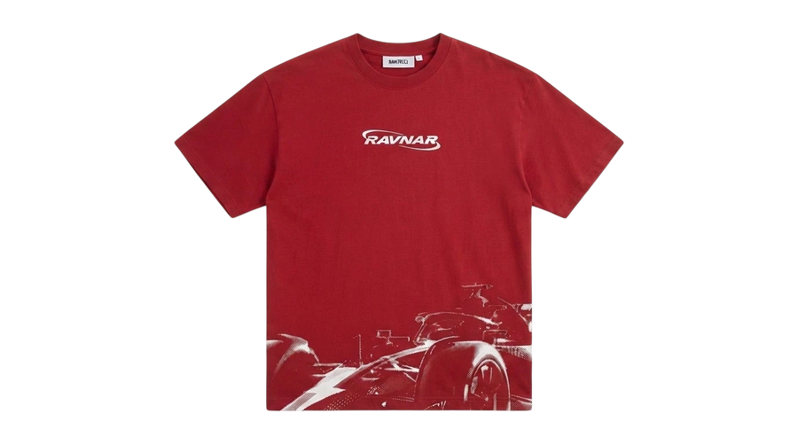 Ravnar Apex heavyweight red t-shirt with white racing car graphic print and structured fit for luxury streetwear.