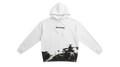 Ravnar Apex white heavyweight hoodie featuring a black and white Formula 1 race car graphic on the lower front.