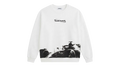 Ravnar Apex white heavyweight sweatshirt featuring a black racing car graphic and branded chest logo