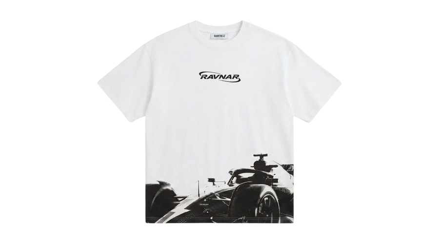 Ravnar Apex white heavyweight cotton t-shirt with black racing car graphic print and logo on chest