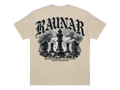 Ravnar beige heavyweight cotton t-shirt featuring a black and white chess-themed graphic print on the back.
