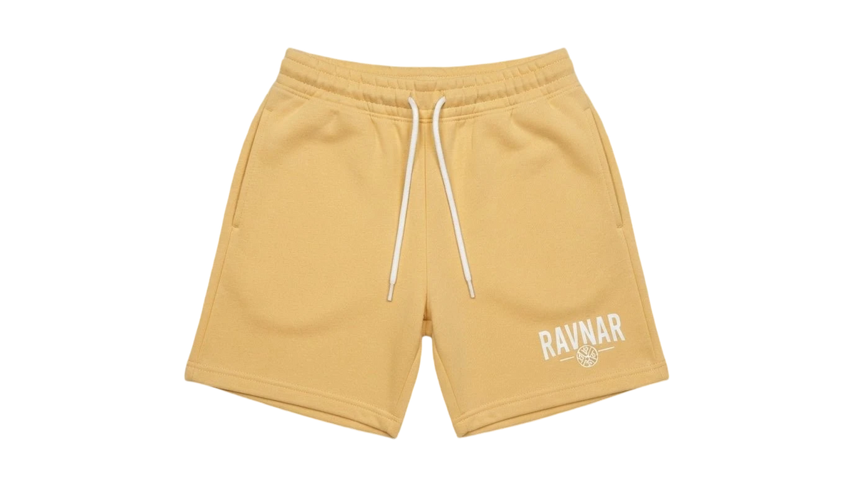 Ravnar beige heavyweight cotton shorts with white drawstring and logo detail on the leg