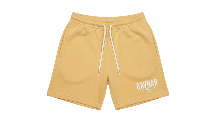 Ravnar beige heavyweight cotton shorts with white drawstring and logo detail on the leg