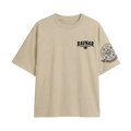 Ravnar beige heavyweight cotton t-shirt with black chest logo and detailed skull crest graphic on the left sleeve