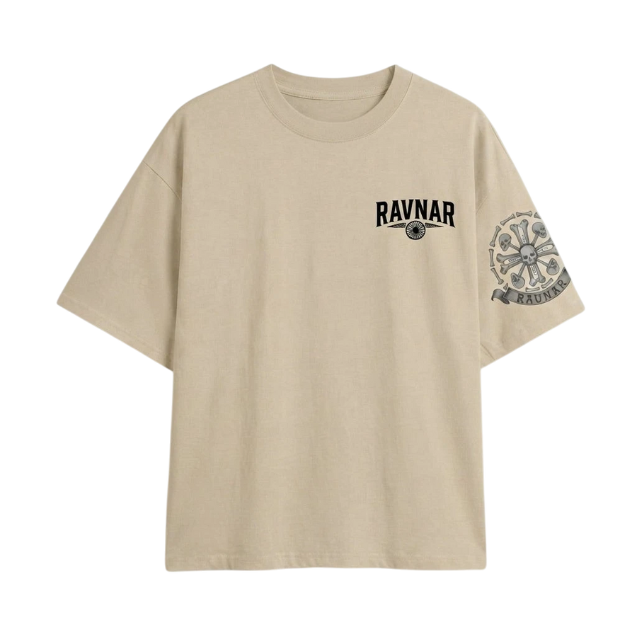 Ravnar beige heavyweight cotton t-shirt with black chest logo and detailed skull crest graphic on the left sleeve