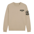 Ravnar beige heavyweight crewneck sweatshirt featuring a black chest logo and circular sleeve graphic.