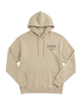 Ravnar beige heavyweight hoodie with a structured silhouette, drawstring hood, and front logo graphic.