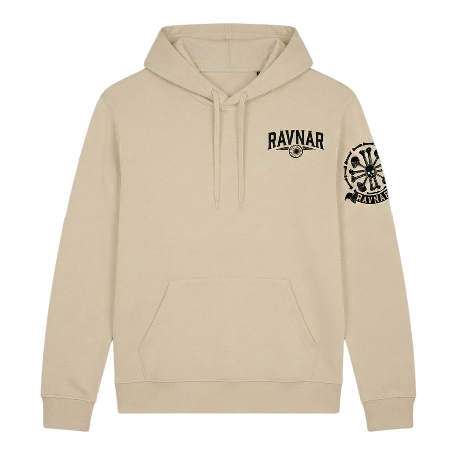 Ravnar beige heavyweight hoodie with chest logo and detailed crest graphic on the sleeve