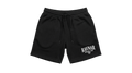 Ravnar black heavyweight cotton shorts with an elastic drawstring waist and Ravnar Athletic Club logo detail.