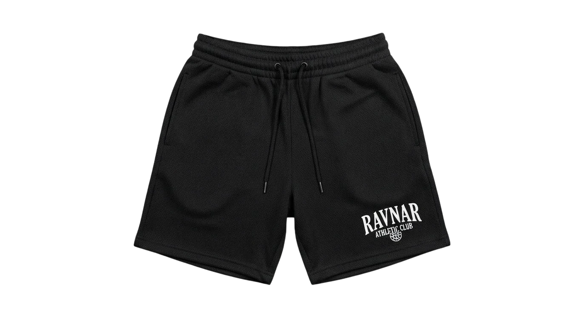 Ravnar black heavyweight cotton shorts with an elastic drawstring waist and Ravnar Athletic Club logo detail.