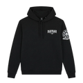 Ravnar black heavyweight hoodie featuring a white chest logo and detailed crest graphic on the sleeve.